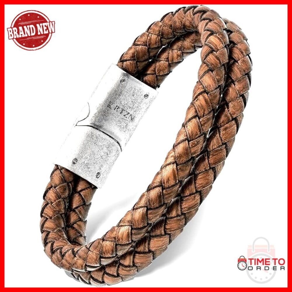 Men's Leather Bracelet with Beads and Silver Clasp, Handcrafted, Adjustable
